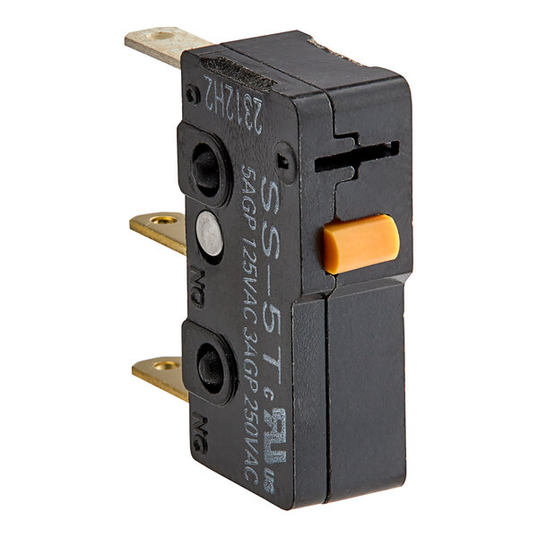 A black Mahlkonig micro switch with a yellow button.