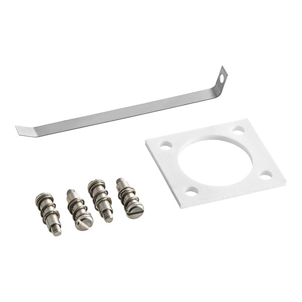 A white rectangular plate with silver screws and a white square with holes.