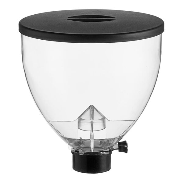 A clear glass container with a black lid.