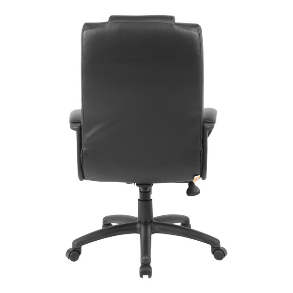 A Boss black leather office chair with a high back and loop arms.