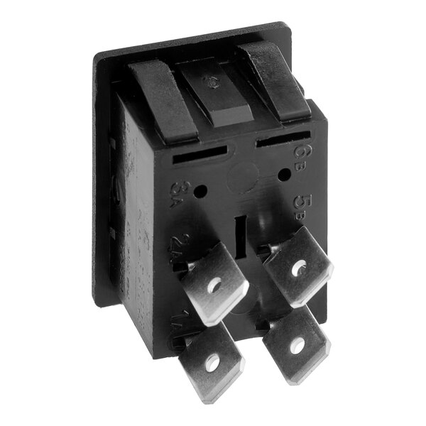 A close-up of a black square On / Off switch with metal screws.