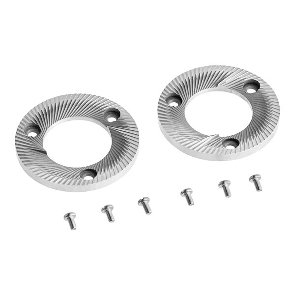 A Mahlkonig 98 mm cast steel burr set with screws and nuts.
