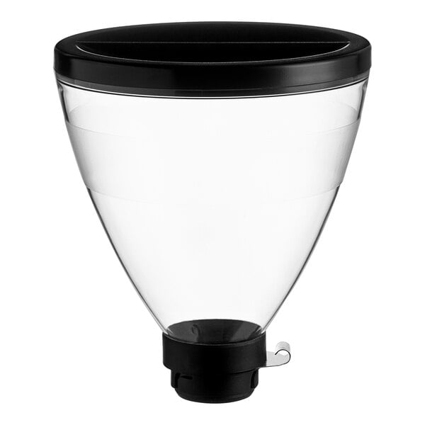 A clear plastic funnel with a black lid for the Mahlkonig EK43 Series.