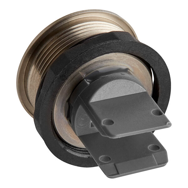 A close-up of a black and silver metal button with the letter "I" on it.