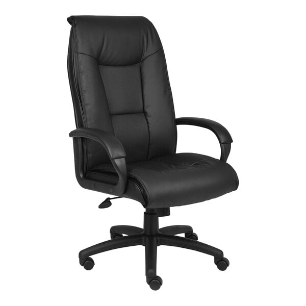 A Boss black leather office chair with arms.