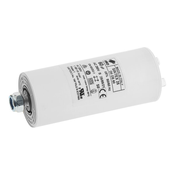 A white cylinder with black text, a Mahlkonig capacitor.