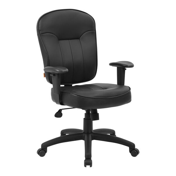 A Boss black leather office chair with arms.