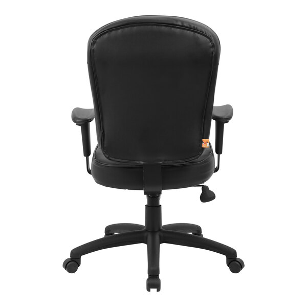 A Boss black leather mid-back office chair with adjustable arms.