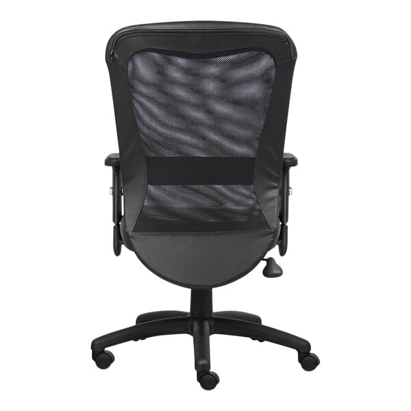 A back view of a Boss black mesh office chair with arms.