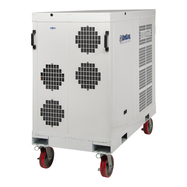 A large white Kwikool portable air conditioner with black wheels.