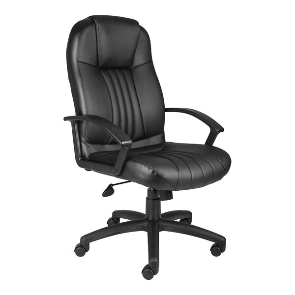 A black Boss office chair with arms and wheels.