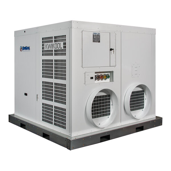 A large white Kwikool portable air conditioner on a pallet with rectangular windows.