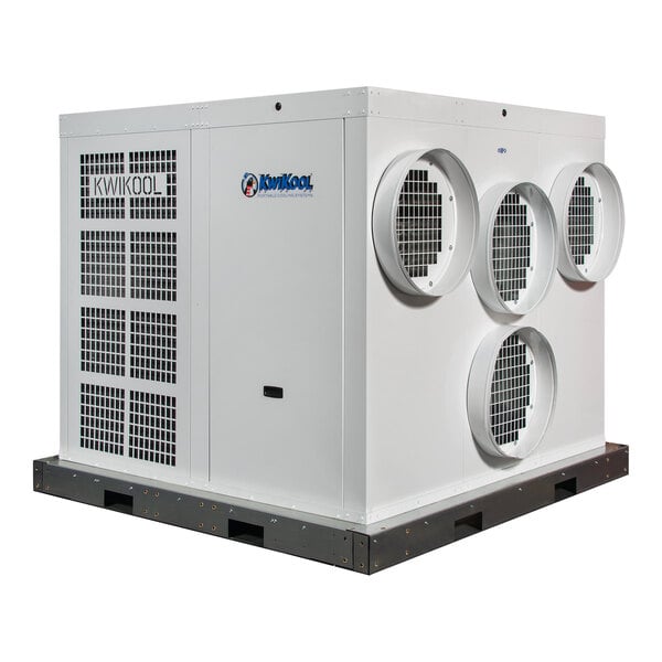 A white rectangular Kwikool portable air conditioner with round vents.