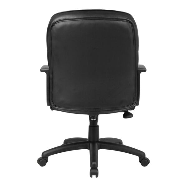 A Boss black leather mid-back office chair.