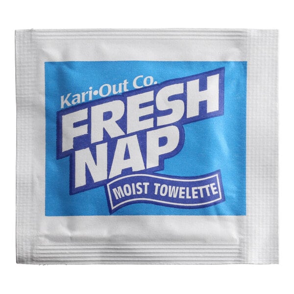 A single individually wrapped lemon scented moist towelette hand wipe in a white and blue packet.