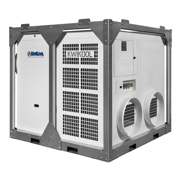 A white Kwikool commercial air conditioner with vents and two large fans.