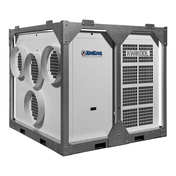 A white Kwikool portable commercial air conditioner with a metal frame and two fans.