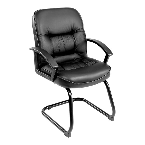 A Boss black leather guest chair with metal frame and arms.