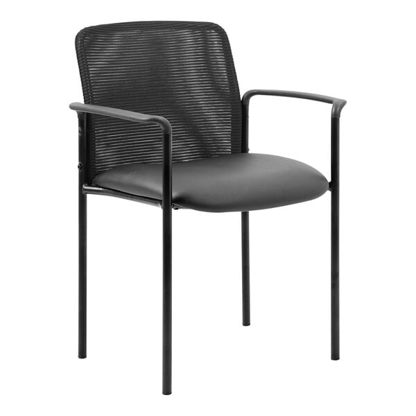A Boss black mesh guest chair with black cushion.