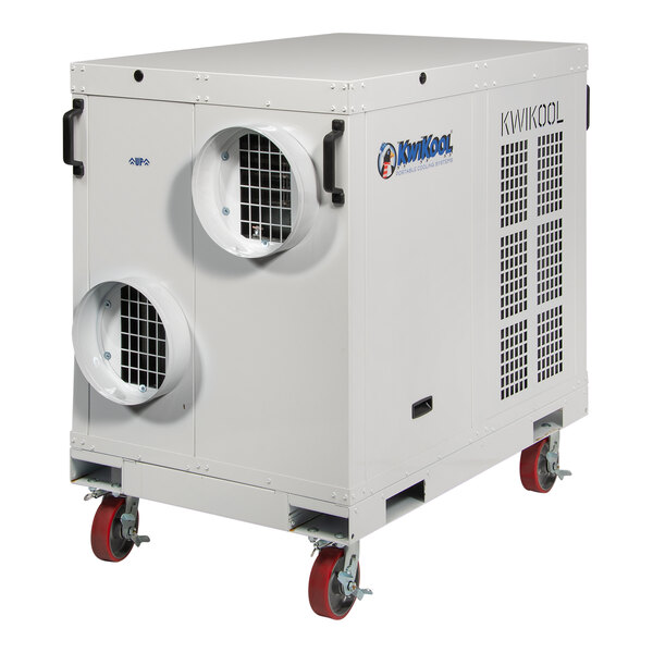A white rectangular Kwikool portable air conditioner with red wheels.