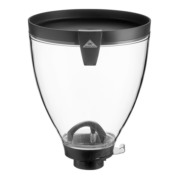 A clear glass container with a black lid.