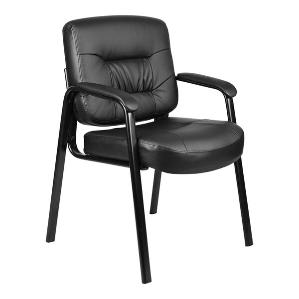 A Boss black leather guest chair with padded armrests and a metal frame.