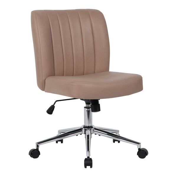 A Boss Modern tan leathaire office chair with chrome legs and wheels.