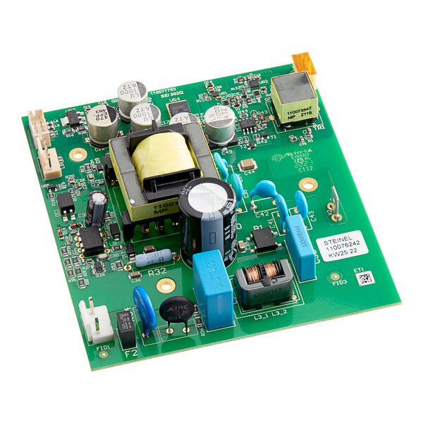 A green circuit board with a blue rectangular object and a black oval object with numbers on it.