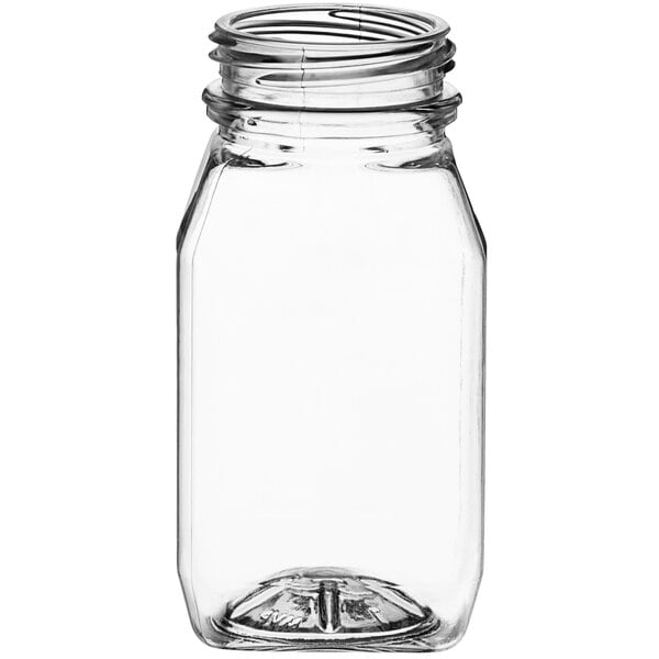 A 4 oz. clear square PET juice bottle with a lid.