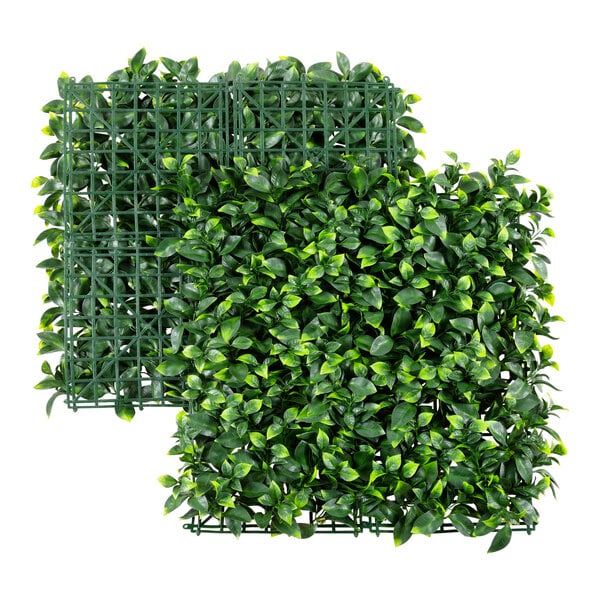 A white square box containing 12 square NatraHedge artificial green wall panels with green leaves.