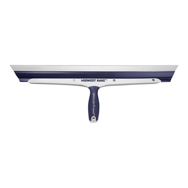 A blue and white Midwest Rake Ultimate Trowel with a threaded handle adapter.