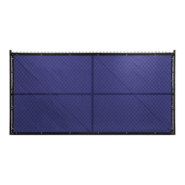 A navy blue PVC mesh privacy fence screen with black trim.