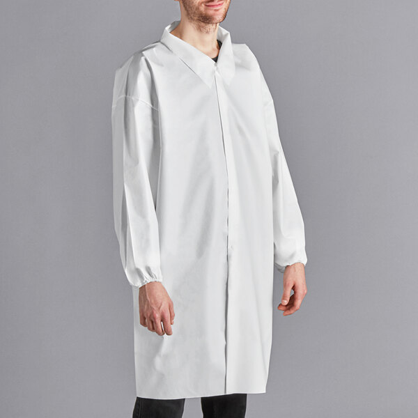 A man wearing a Lavex white lab coat.