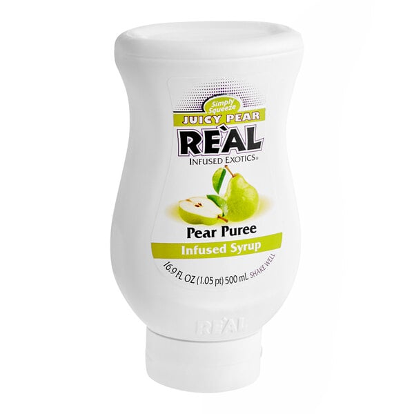 A white bottle of Real Juicy Pear Puree Infused Syrup with a label.