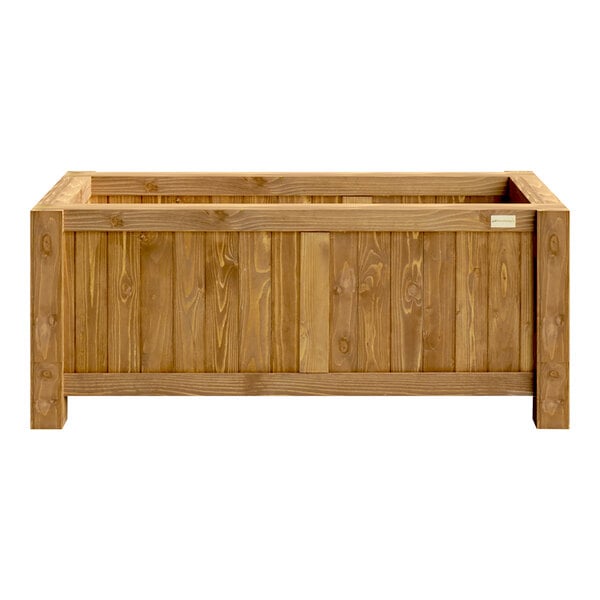 A NatraHedge wooden planter box with a rectangular top and wooden handles.