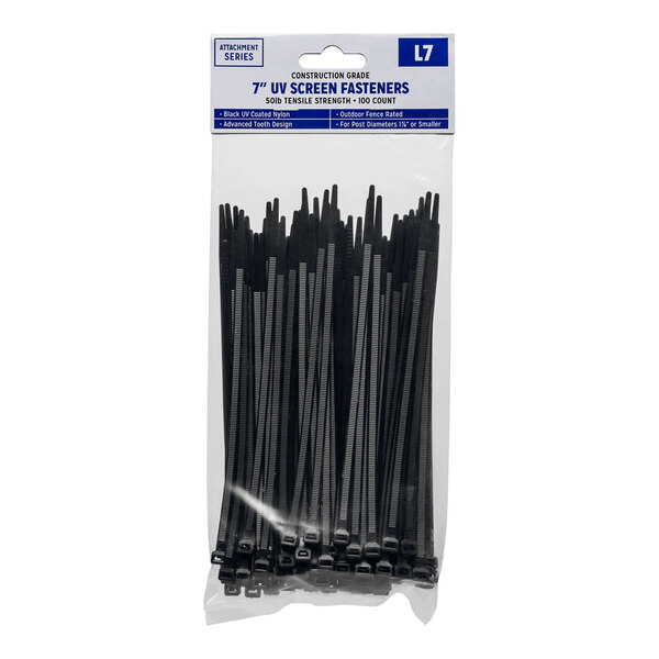 A package of black plastic FenceScreen fasteners.