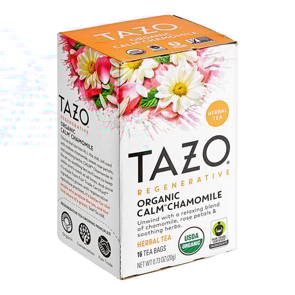 A box of Tazo Organic Calm Chamomile tea bags with flowers and text on it.
