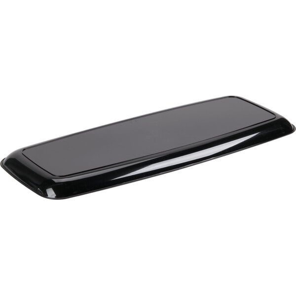 A black rectangular Sabert Mozaik plastic catering tray with a clear lid.