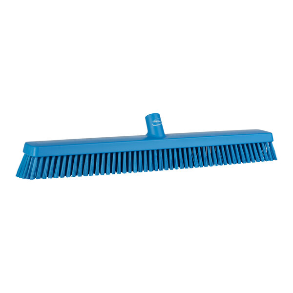 A blue Vikan push broom head with long bristles.