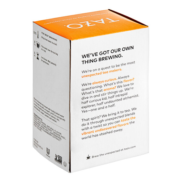 A white box of Tazo Passion Tea Bags with black and orange text.