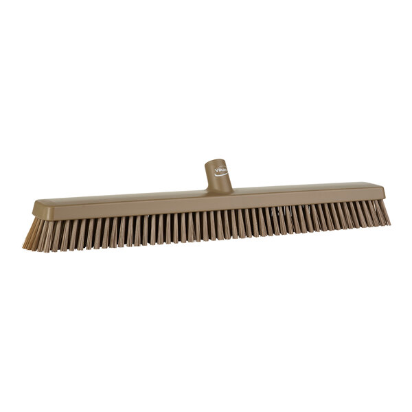 A brown Vikan broom head with soft and stiff bristles.