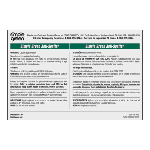 A white and green card with instructions for Simple Green Anti-Spatter Solution.