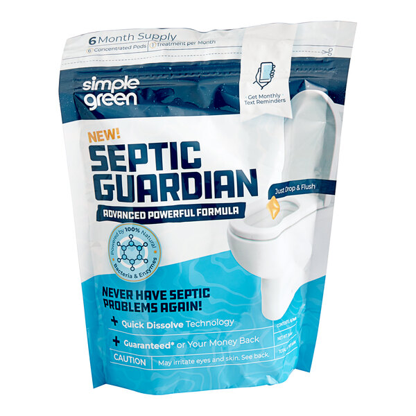 A white and blue Simple Green Septic Guardian package with white text.