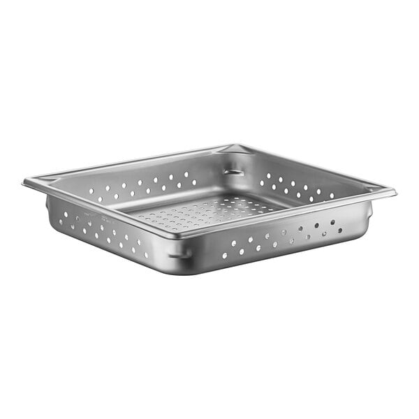 A Vollrath stainless steel 2/3 size steam table pan with holes in it.