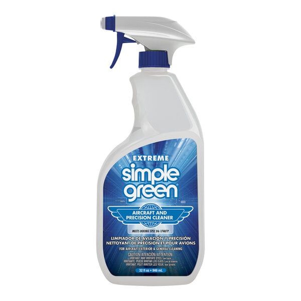 A white spray bottle of Simple Green Extreme Aircraft and Precision Cleaner with blue text.