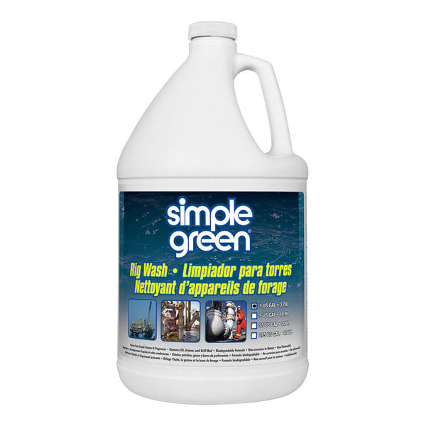 A white jug of Simple Green Concentrated Rig Cleaner and Degreaser with a blue label and text.