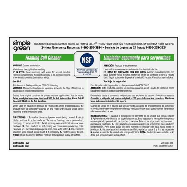 A close-up of a Simple Green foaming coil cleaner label with English and Spanish text.