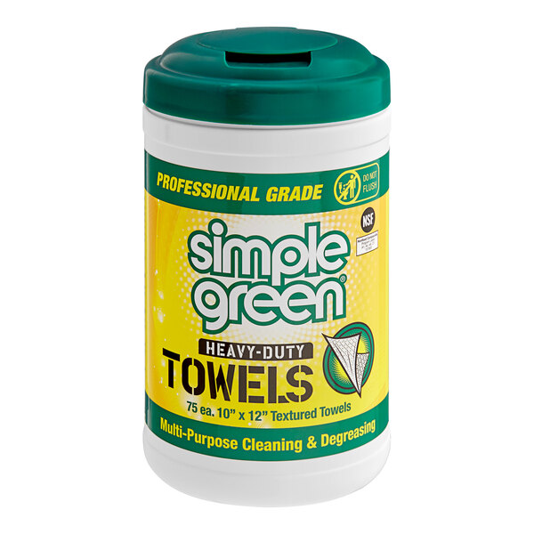 A white container of Simple Green heavy-duty towels with a yellow and green label.
