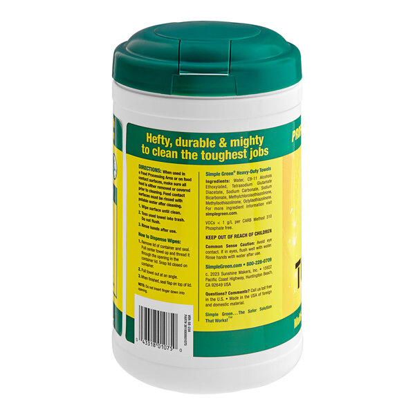 A white container with a yellow label and green lid of Simple Green Heavy-Duty Cleaning and Degreasing Towels.