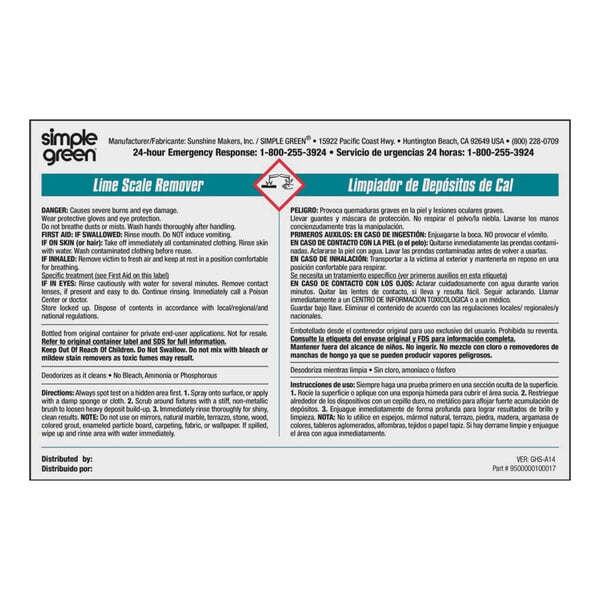 A close-up of a Simple Green Lime Scale Remover secondary bottle label in English and French.